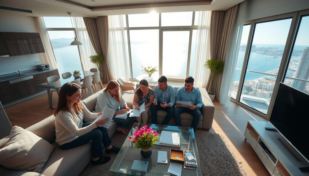 A well-lit, high-angle shot of a modern, furnished apartment interior in Alanya, Turkey. In the foreground, a family sits around a glass-topped coffee table, reviewing financial documents and discussing mortgage options. Sunlight streams in through large windows, casting a warm, inviting glow. The middle ground features an elegant dining area and kitchen, hinting at the property's amenities. In the background, a balcony overlooking the Mediterranean Sea and the city's iconic landscapes creates a picturesque setting. The overall composition conveys a sense of thoughtful decision-making and the exciting prospect of investing in Alanya real estate.