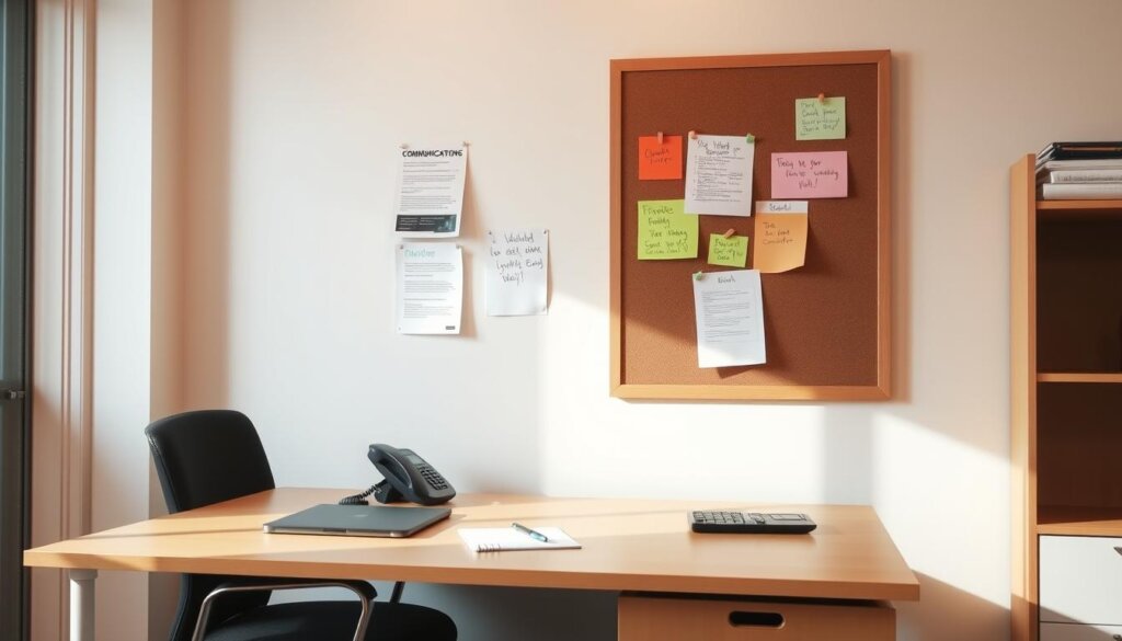 A well-lit indoor office scene with a desk, chair, and a bulletin board on the wall. On the desk, a laptop, a landline phone, and a notepad with a pen. The bulletin board displays various communication strategies, including flyers, sticky notes, and hand-written reminders. The walls are painted in a neutral, calming color, and the lighting is soft and diffused, creating a professional yet approachable atmosphere. The scene conveys the importance of effective communication between landlords and tenants for successful property management.