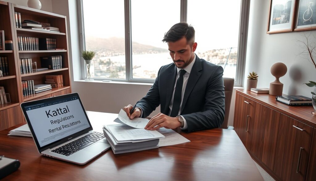 A well-lit interior of a modern law office, with a wooden desk, bookshelves, and a large window overlooking the seaside town of Kalkan. On the desk, a stack of legal documents and a laptop displaying rental regulations. A professional-looking person, dressed in a suit, is seated at the desk, studying the paperwork intently. The mood is one of focused concentration and attention to detail, conveying the importance of legal compliance in Kalkan's rental market.