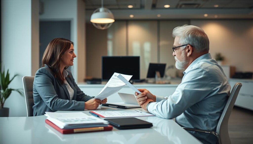 A well-lit, modern office interior with a professional desk, computer, and documents. In the foreground, a tenant sits across from a landlord, engaged in an interview-like discussion. The landlord is carefully reviewing the tenant's application, credit report, and references. The atmosphere is one of objective, thorough evaluation, with a sense of importance and due diligence. Soft, indirect lighting creates a relaxed yet focused mood. The camera angle is slightly elevated, capturing the interaction from an impartial, observational perspective.