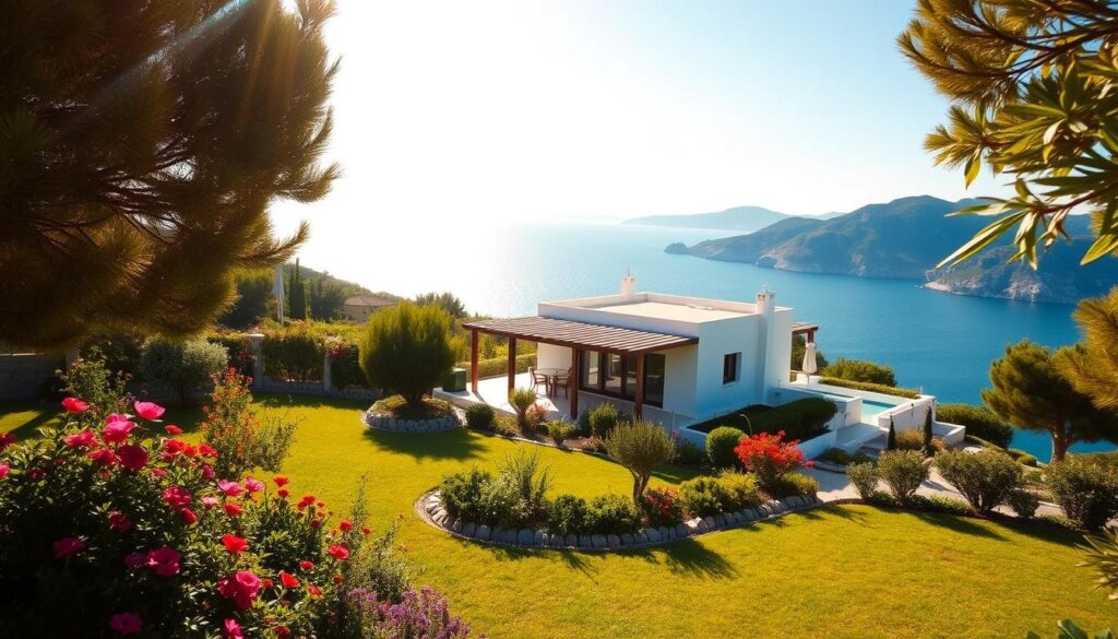 A well-maintained, picturesque villa nestled in the quaint seaside town of Kas, Turkey. The foreground showcases a meticulously groomed garden with vibrant flowers and lush greenery. In the middle ground, a modern, minimalist-style property with clean lines and large windows reflects the Mediterranean architectural style. In the background, the sparkling azure waters of the Aegean Sea and the rugged, sun-drenched mountains create a breathtaking natural backdrop. Warm, golden sunlight filters through, casting a soft, inviting glow over the scene. The overall atmosphere exudes a sense of tranquility, comfort, and effortless luxury - the perfect setting for a successful property rental in Kas.