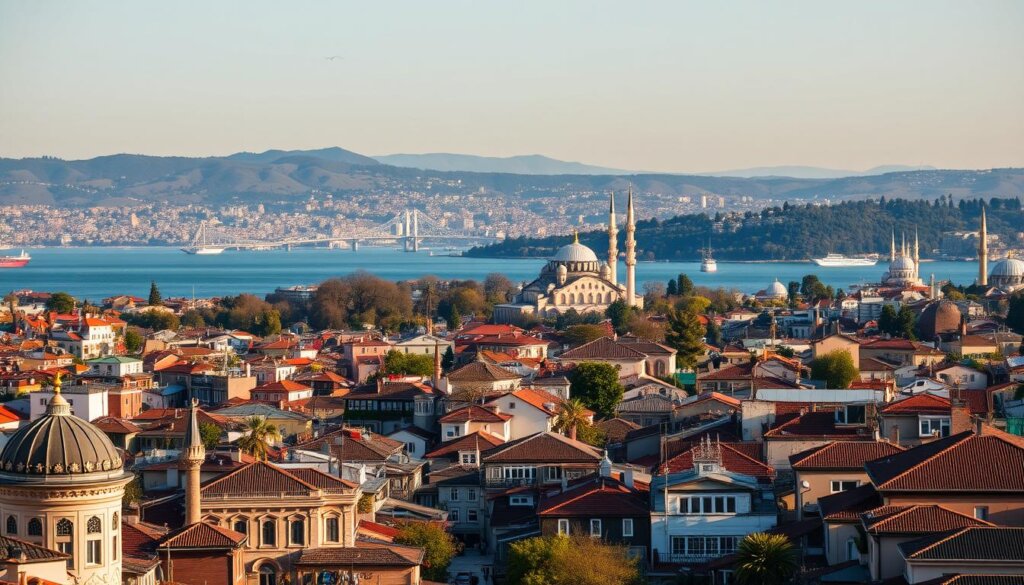 A wide, panoramic view of the distinct districts of Istanbul, set against the backdrop of the iconic Bosphorus Strait. In the foreground, bustling neighborhoods with intricate Ottoman-style architecture and vibrant street life. In the middle ground, the towering minarets and domes of grand mosques punctuate the skyline. The background reveals the rolling hills and lush greenery of the city's outskirts, bathed in warm, golden light. The scene captures the contrast and diversity of Istanbul's urban landscape, inviting the viewer to explore the unique character of each district. Captured with a wide-angle lens to emphasize the scale and grandeur of the cityscape, this image provides a compelling visual representation of the key considerations when selecting a location in Istanbul.