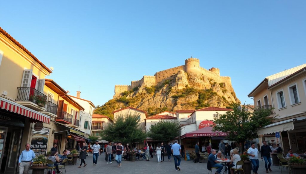 Alanya, a picturesque coastal town in Turkey, offers a vibrant lifestyle with its bustling markets, lively promenades, and stunning Mediterranean views. Capture the essence of this dynamic destination with an image showcasing its lifestyle services: a charming old town square lined with cafes and shops, locals engaged in lively conversations, and a backdrop of the iconic Alanya Castle perched atop a rocky outcrop, bathed in warm, golden sunlight. Utilize a wide-angle lens to encompass the scene, creating a sense of depth and immersion. Convey the welcoming atmosphere and the blend of modern conveniences and traditional Turkish culture that define Alanya's unique lifestyle.