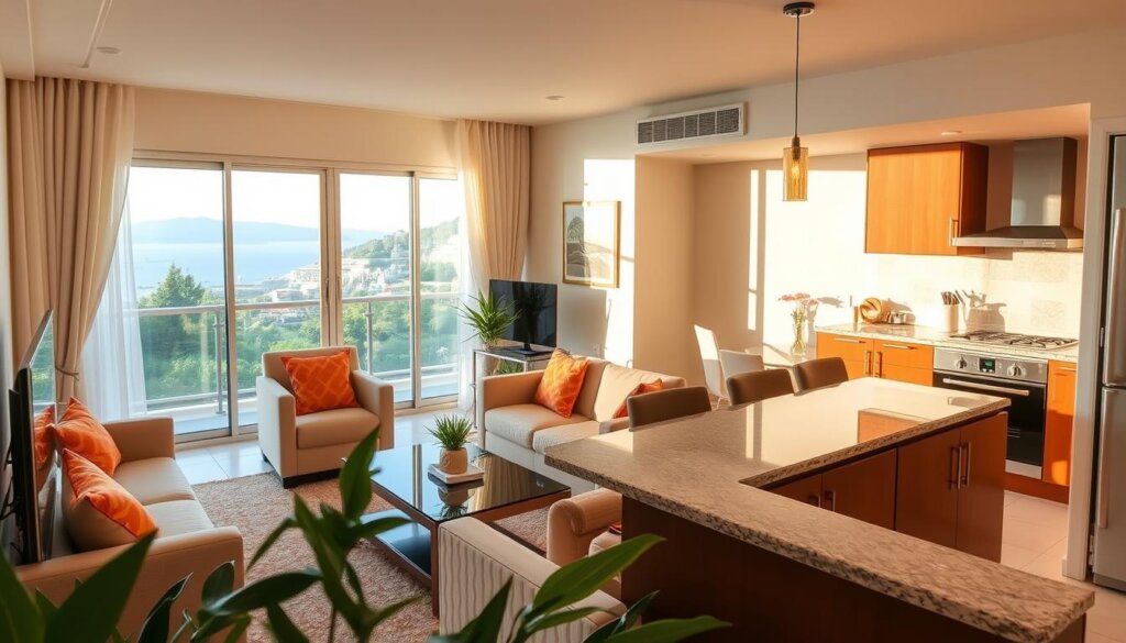 Alanya furnished apartments, bathed in warm Mediterranean light, nestled amidst lush greenery. A cozy living room with plush sofas and armchairs, adorned with vibrant throw pillows. A well-equipped kitchen, gleaming with modern appliances and granite countertops. Stepping out onto a balcony, one is greeted by a panoramic view of the sparkling Alanya coastline and the ancient Alanya Castle in the distance. Soft, diffused lighting creates a tranquil, inviting atmosphere, perfect for relaxation and entertaining. The overall scene exudes a sense of comfort, elegance, and the perfect blend of indoor and outdoor living, capturing the essence of an optimal Alanya rental property.
