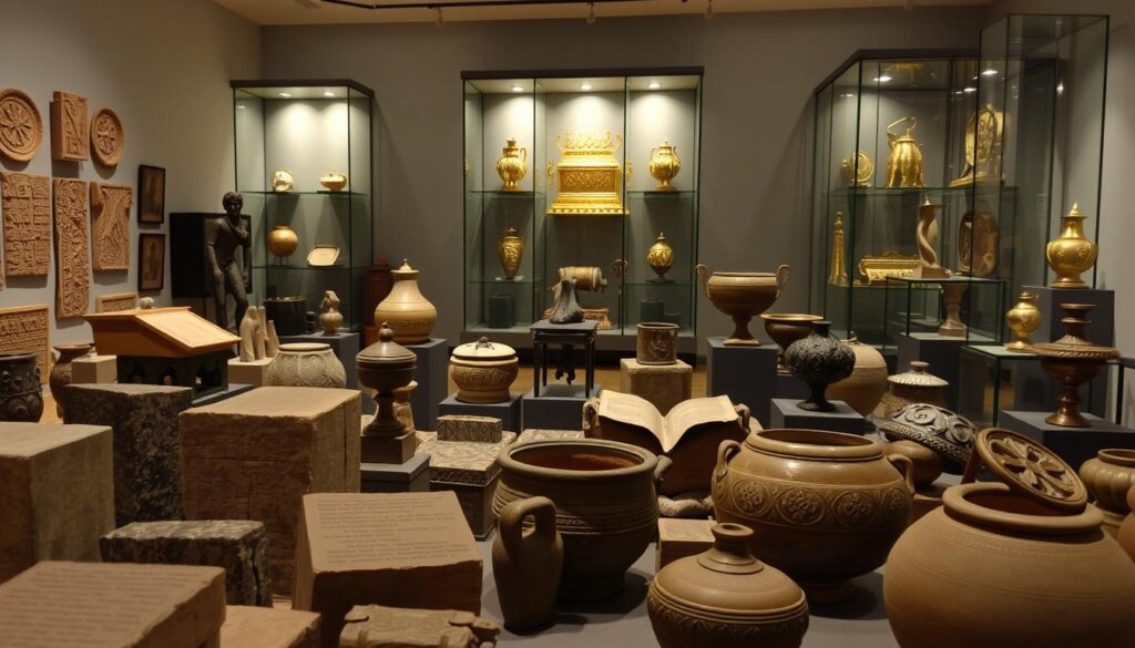 Alanya museum exhibits, a mesmerizing tapestry of ancient artifacts and cultural treasures. In the foreground, carved stone tablets and intricate pottery pieces tell tales of bygone eras. The middle ground showcases ornate bronze sculptures, their intricate details illuminated by soft, diffused lighting. In the background, towering display cases house gleaming Byzantine and Seljuk-era relics, their golden hues radiating a sense of timeless elegance. The overall atmosphere is one of reverence and wonder, inviting visitors to immerse themselves in the rich history of this captivating coastal town.
