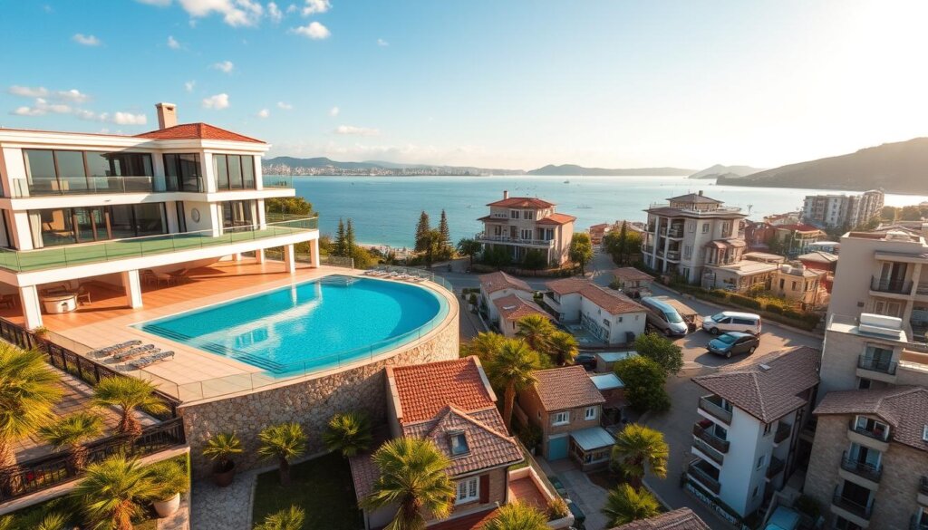 Alanya property types and prices: a luxurious beachfront villa with a stunning infinity pool overlooking the turquoise Mediterranean, a modern apartment complex with balconies offering panoramic city and sea views, traditional stone houses nestled among cobblestone streets, and sleek high-rise condos providing convenient city living. Warm Mediterranean light filters through, casting a golden glow. The scene captures the diverse real estate options, price points, and local architectural styles that define this vibrant Turkish coastal town, an enticing destination for savvy investors.