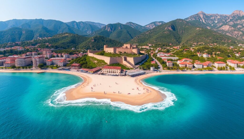 Alanya seasonal weather comparison: A stunning aerial view showcasing the picturesque coastal town's transformation throughout the year. In the foreground, a sun-drenched beach with crystal-clear turquoise waters during the summer. In the middle, lush, verdant hills and mountains dusted with snow in the winter. In the background, the iconic Alanya Castle standing tall, its ancient walls gleaming under the changing light. Capture the essence of Alanya's diverse climate, from the vibrant, energetic summers to the serene, tranquil winters, all presented in a seamless, panoramic composition. Employ a wide-angle lens to accentuate the grand scale and scope of the scene, and utilize natural lighting to convey the shifting moods and atmospheres of each season.