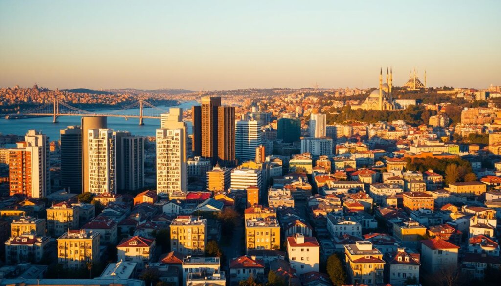 An aerial view of Istanbul's bustling real estate market, with towering high-rises and vibrant neighborhoods nestled between the Bosphorus Strait and the historic city center. The scene is bathed in warm, golden light, casting long shadows across the skyline. In the foreground, an array of modern residential and commercial properties stand tall, their sleek designs reflecting the city's progressive development. The middle ground features a mix of traditional Ottoman-style buildings and newer, avant-garde structures, showcasing Istanbul's unique architectural blend. In the background, the iconic silhouettes of landmark mosques and palaces are visible, a subtle nod to the city's rich cultural heritage. The overall composition conveys the dynamism and evolution of Istanbul's real estate landscape, a visual representation of the section's "Overview of Istanbul's Dynamic Real Estate Market".