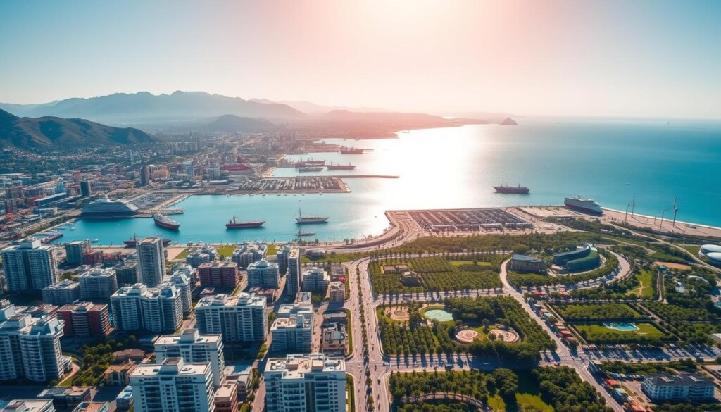 An aerial view of Mersin, Turkey, showcasing its coastal cityscape and sprawling urban landscape. In the foreground, modern high-rise buildings and bustling commercial hubs are juxtaposed with lush green parks and tree-lined boulevards. The middle ground reveals a thriving harbor, with cargo ships and luxury yachts dotting the azure waters of the Mediterranean Sea. In the background, the Taurus Mountains rise majestically, their rugged peaks framing the scene with a sense of natural grandeur. The lighting is warm and golden, casting a vibrant, inviting glow over the entire composition. This image captures Mersin's dynamic blend of urban development and natural beauty, highlighting its immense investment potential and the added value it offers to potential real estate investors.