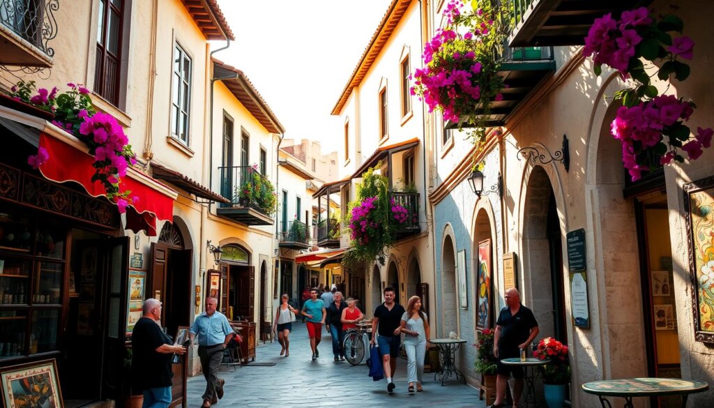 An alley winding through the vibrant Bohemian streets of Kas, Turkey. Colorful shops and cafes line the narrow passage, their facades adorned with intricate tile work and ornate architectural details. Locals and visitors mingle, their lively chatter filling the air. Warm, golden sunlight filters through the overhanging balconies, casting a soft glow over the scene. Quaint, whitewashed buildings with terracotta roofs rise up on either side, their windows and doorways framed by bougainvillea in shades of pink and purple. A sense of timeless charm and cultural heritage permeates the atmosphere, inviting the viewer to explore the captivating Kas culture.