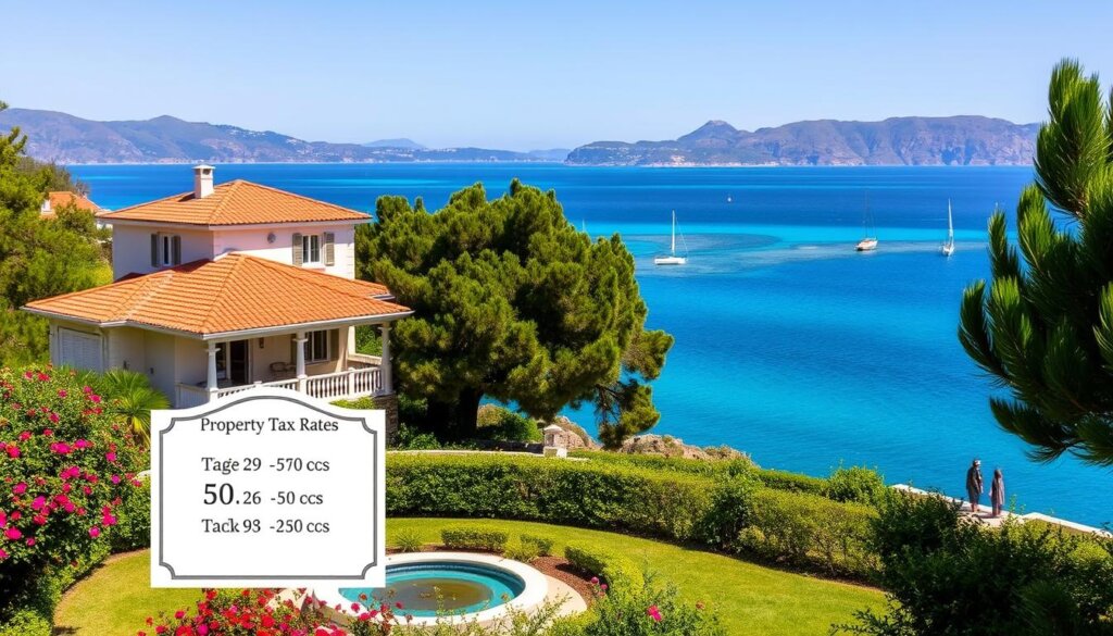 An elegant holiday villa nestled amidst lush greenery, its terracotta roof tiles gleaming under a warm Mediterranean sun. In the foreground, a meticulously manicured garden with colorful blooms and a serene water feature. The middle ground reveals a tasteful sign detailing the property tax rates, conveying a sense of tranquility and fiscal responsibility. The background showcases the stunning azure waters of the Aegean Sea, dotted with sailing boats and framed by distant rolling hills. The overall composition exudes an atmosphere of relaxation, luxury, and careful financial management - a perfect representation of the property tax landscape for UK investors in Side, Turkey.