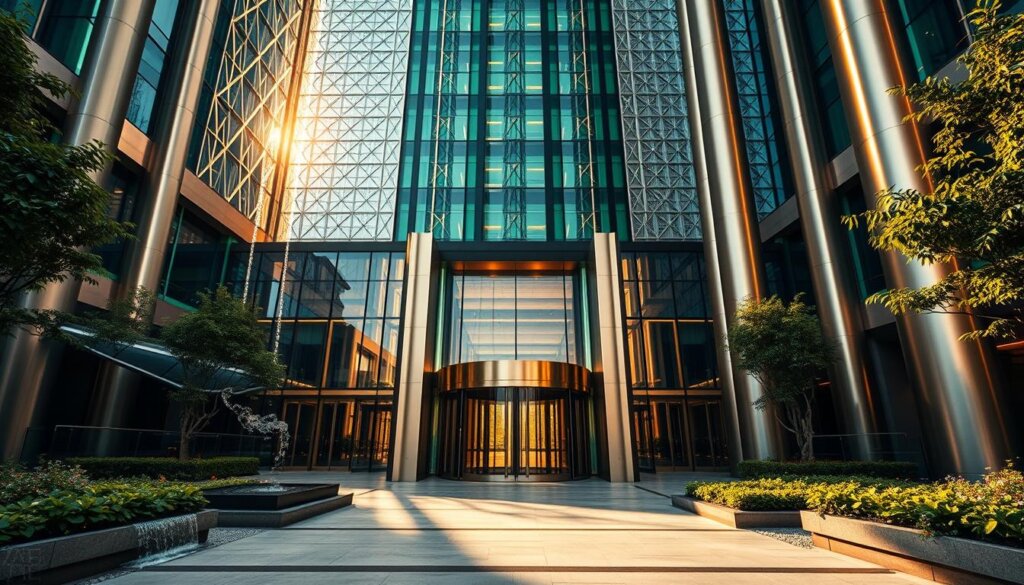 An elegant modern high-rise with a grand entrance in a lush, meticulously landscaped courtyard. Sleek glass and brushed steel facade gleaming in the warm afternoon sun, with intricate geometric patterns and accents of emerald green. Towering pillars flank the double-height revolving doors, leading into a vast, light-filled lobby. Cascading water features and carefully curated greenery create a serene, welcoming atmosphere. Minimalist yet sophisticated design, exuding a sense of luxury and sophistication. Captured from a low angle to emphasize the grandeur and scale of the building's imposing presence.
