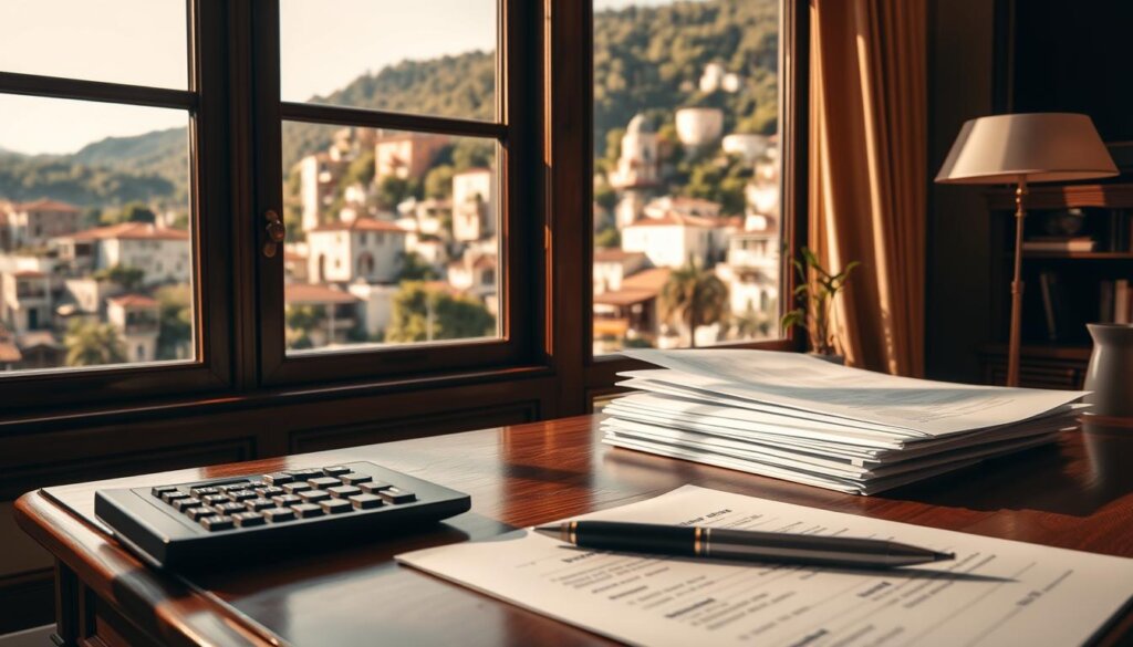 An elegant office desk with a wooden surface, featuring a calculator, pen, and a stack of documents. In the background, a window overlooking the picturesque town of Fethiye, with its charming architecture and lush greenery. Warm, natural lighting filters through the window, creating a cozy and productive atmosphere. The image conveys a sense of order, attention to detail, and the thoughtful consideration of one's annual property tax obligations in this beautiful Turkish locale.