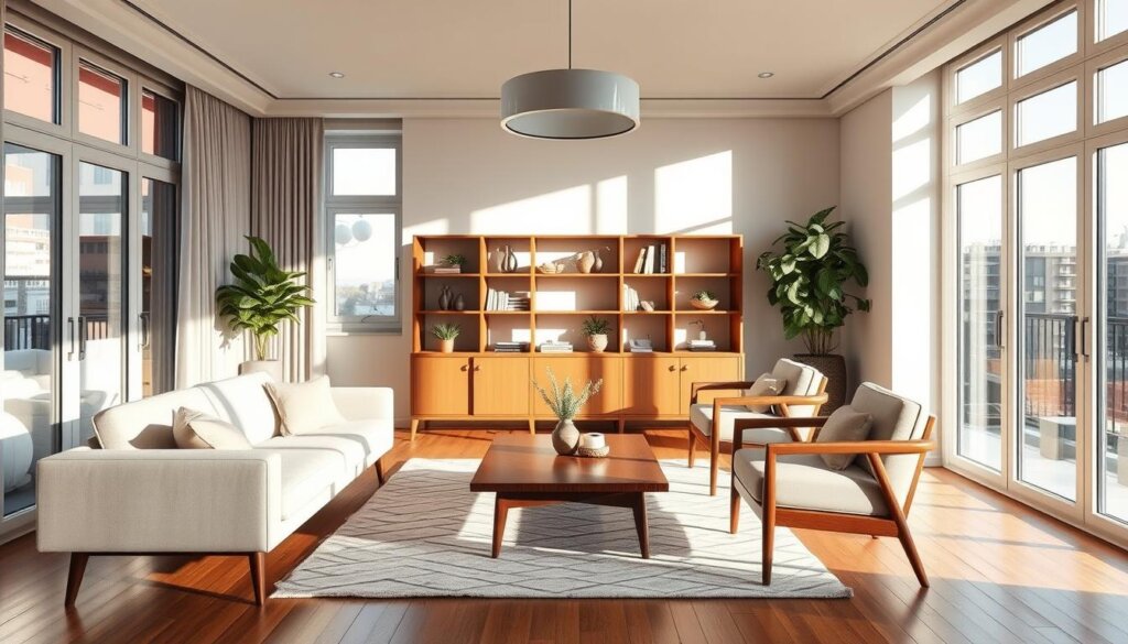 An elegant, sun-drenched living room in a well-appointed Istanbul rental property. Floor-to-ceiling windows flood the space with natural light, highlighting a tasteful arrangement of mid-century modern furniture. A plush, neutral-toned sofa faces a sleek, wooden coffee table, accented by a pair of minimalist armchairs. On the far wall, a finely crafted bookshelf displays decorative objects and plants, casting intricate shadows. Warm, diffused lighting from a statement overhead fixture creates a cozy, inviting ambiance. The hardwood floors are covered by a subtly patterned area rug, tying the room together harmoniously. An overall sense of comfort, style, and attention to detail captures the essence of a beautifully furnished rental property.