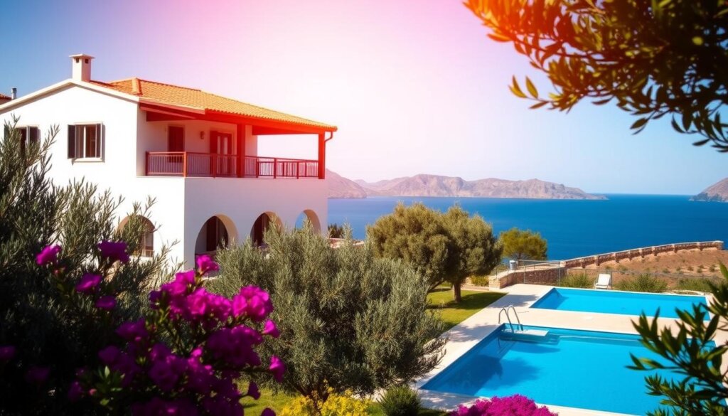 An elegant two-story villa with a terrace overlooking the crystal blue waters of the Aegean Sea in Kas, Turkey. The sun casts a warm glow across the whitewashed walls and terra-cotta roof tiles. In the foreground, a well-manicured garden with olive trees and bougainvillea bushes frames the property. The middle ground features a private pool reflecting the azure sky. In the background, the rugged Taurus Mountains rise majestically, creating a stunning natural backdrop. The overall scene exudes an aura of tranquility and invites dreams of a lucrative vacation rental investment opportunity.