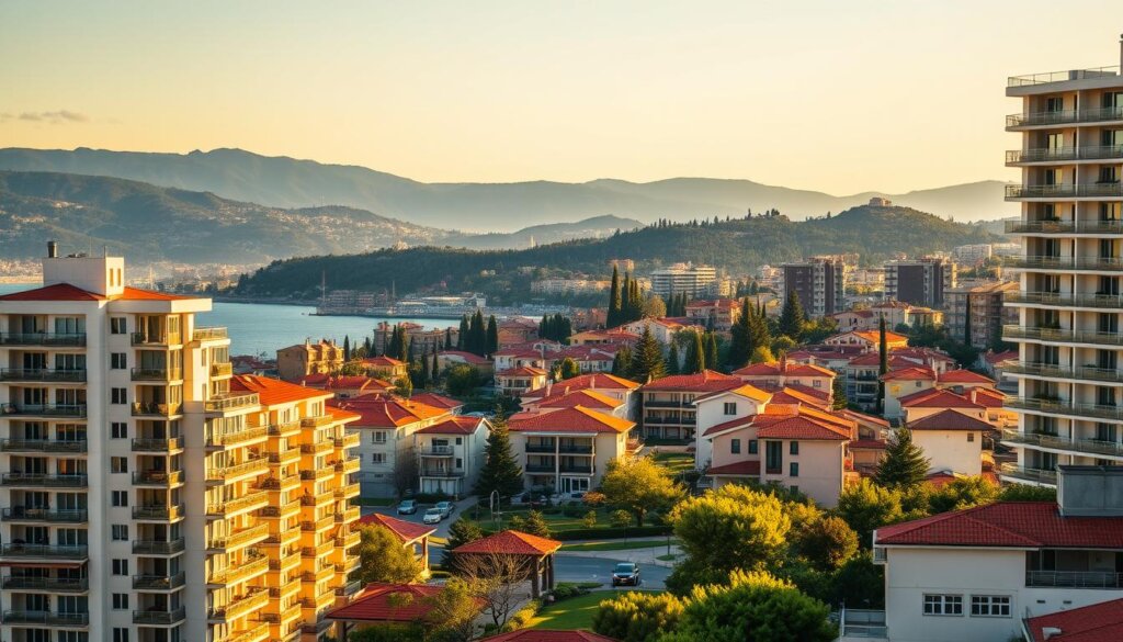 An expansive skyline of Antalya's diverse apartments and villas, bathed in warm, golden sunlight. In the foreground, modern high-rise condominiums with sleek, geometric facades and balconies overlooking the shimmering Mediterranean. The middle ground features charming, traditional-style villas with terracotta roofs and lush, manicured gardens. In the distant background, the rolling hills and pine-forested slopes of the Taurus Mountains provide a picturesque backdrop. The scene exudes a sense of tranquility and prosperity, capturing the essence of the vibrant real estate opportunities that Antalya has to offer.