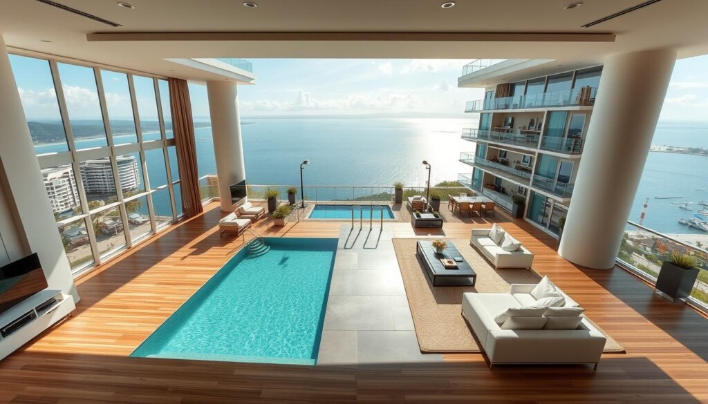 An expansive, sun-drenched high-rise showcasing the epitome of Alanya's luxury apartment living. Sweeping vistas of the turquoise Mediterranean unfold from floor-to-ceiling windows, while a sleek, minimalist design aesthetic exudes sophistication. Airy, open-concept interiors feature gleaming hardwood floors, contemporary kitchens with premium appliances, and private balconies perfect for savoring the coastal breeze. The building's amenities rival a five-star resort, with an infinity pool, state-of-the-art fitness center, and lush rooftop garden. Captured through the lens of a wide-angle camera, this captivating image embodies the allure of Alanya's most desirable apartments.