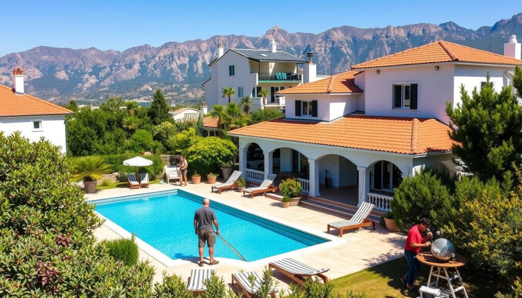 An expansive, sun-drenched villa nestled amidst lush Mediterranean vegetation, its terracotta roof and whitewashed exterior exuding an inviting Aegean charm. In the foreground, a team of workers are meticulously preparing the property for sale, tending to the well-manicured garden, painting the exterior walls, and ensuring every detail sparkles under the warm Fethiye sunlight. The middle ground features a picturesque swimming pool flanked by striped sunloungers, while the background showcases the stunning Taurus Mountains, their rugged peaks providing a dramatic, mountainous backdrop. The scene conveys a sense of tranquility and the promise of a luxurious coastal lifestyle, perfectly capturing the essence of "Preparing Your Property for a Successful Sale" in Fethiye.