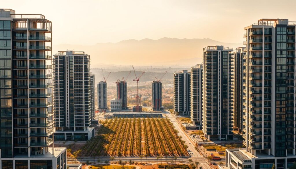 An expansive view of Antalya's alluring off-plan developments, showcasing a collection of modern high-rise buildings with sleek, contemporary facades. The foreground features a partially completed structure, its skeletal framework and glass panels hinting at the luxurious residences to come. In the middle ground, rows of cranes and construction equipment dot the landscape, while in the background, the city's iconic landmarks, such as the Taurus Mountains, provide a picturesque backdrop. Warm, golden sunlight bathes the scene, creating a sense of optimism and potential. The overall composition conveys the dynamic growth and affordable living opportunities available in Antalya's thriving real estate market.