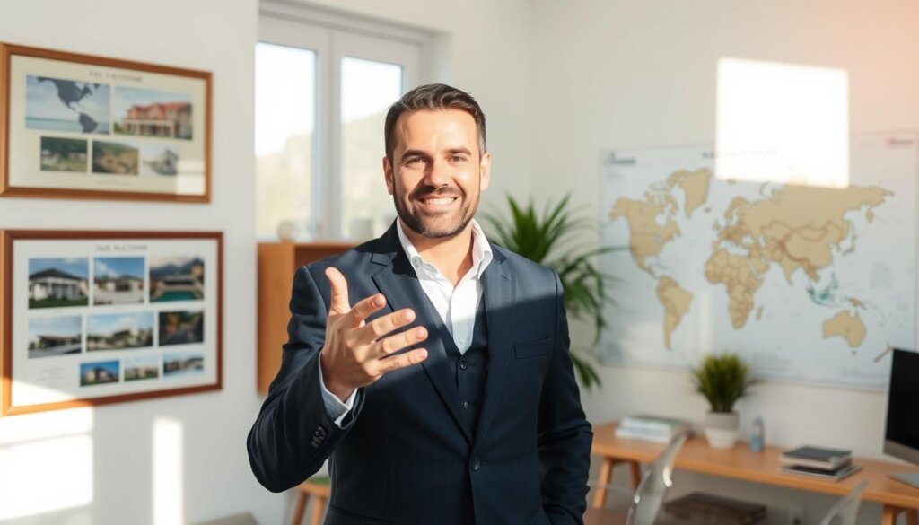 An expert real estate agent, Aydın Çakır, stands in a sun-drenched office in Kalkan, Turkey. He gestures warmly, offering guidance on affordable villas for sale in the region. The office is decorated with framed property listings and a large world map, conveying a sense of professionalism and global expertise. Soft natural light filters through a window, casting a serene glow over the scene. Aydın's approachable demeanor and the inviting atmosphere create an impression of trustworthy, personalized service for prospective home buyers.
