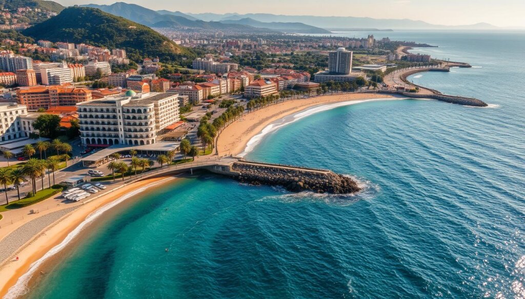 An idyllic seaside city brimming with vibrant Mediterranean charm. Expansive beaches lined with swaying palms, azure waters gently lapping the shore. In the bustling city center, elegant high-rise residences overlook a lively promenade teeming with al fresco cafes, upscale boutiques, and thriving cultural venues. Inland, lush parks and nature preserves offer scenic hiking trails and tranquil retreats. Residents enjoy a balance of modern amenities and historic ambiance, cultivating a cosmopolitan yet community-driven lifestyle. Warm, golden sunlight filters through the air, infusing the scene with a sense of relaxed sophistication. A picturesque snapshot of the alluring lifestyle and amenities that make Antalya a premier destination for discerning homebuyers.