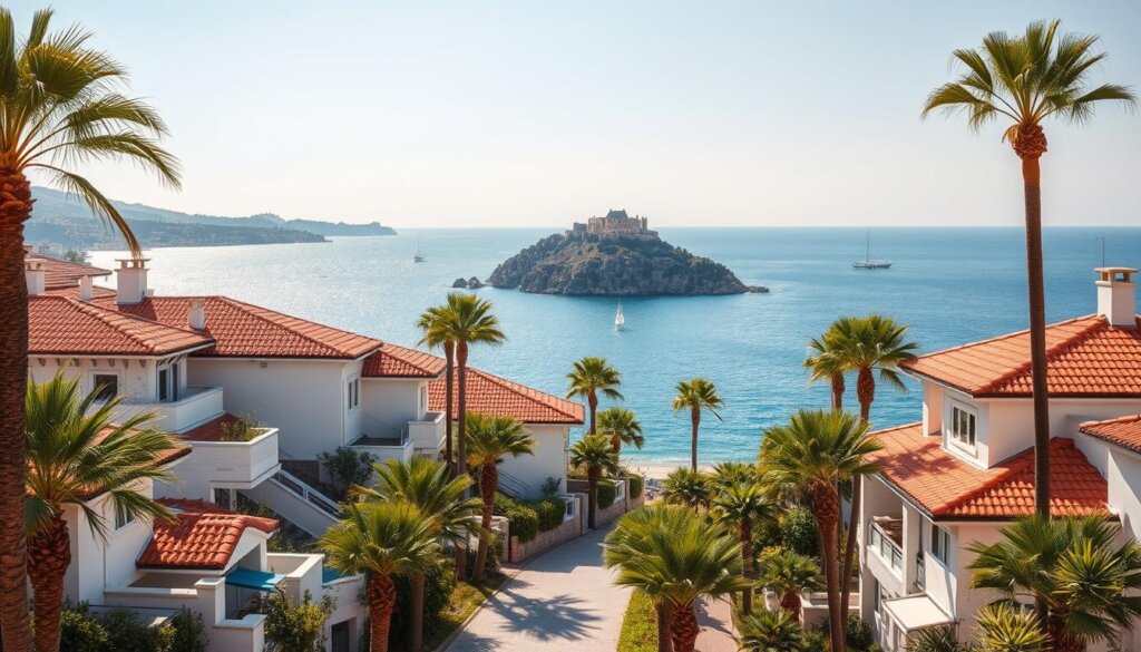 An idyllic seaside retreat in Alanya, Turkey. Picturesque villas nestled along the sun-dappled coastline, their terracotta roofs and whitewashed walls reflecting the warm Mediterranean glow. Palm trees sway gently in the breeze, casting playful shadows on the paved pathways leading to the sparkling azure waters. In the distance, the iconic Alanya Castle perches atop a dramatic rocky peninsula, its ancient silhouette mirrored in the tranquil bay. Fishing boats and yachts dot the horizon, hinting at the vibrant local maritime culture. The scene exudes a sense of relaxed elegance, inviting visitors to immerse themselves in the captivating coastal charm of this Turkish Riviera paradise.