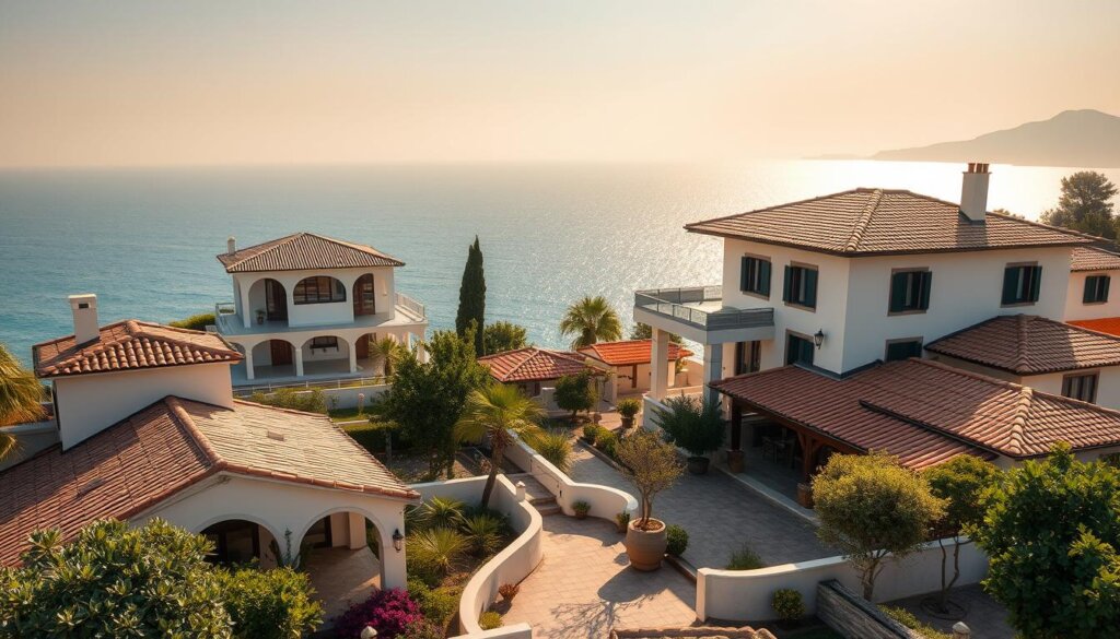 An impressive, picturesque scene depicting the interplay of traditional and modern architectural styles in the coastal town of Side, Turkey. In the foreground, a charming villa with classic Mediterranean influences - terra-cotta roof tiles, arched entryways, and lush, fragrant gardens. In the middle ground, a sleek, modern villa with clean lines, expansive windows, and a minimalist aesthetic. In the background, the glistening blue of the Aegean Sea, with a hazy, golden sunset casting a warm, enchanting glow over the entire scene. Crisp, high-resolution photography with a cinematic, wide-angle lens captures the harmonious contrast of old and new, showcasing Side's unique blend of architectural heritage and contemporary living.