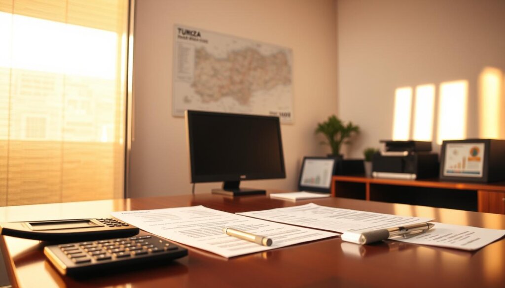 An interior office scene with a desk, computer, and paperwork layout. The desk has a calculator, pen, and financial documents related to property taxes. The wall behind the desk displays a map of Side, Turkey. Warm lighting from a nearby window creates a professional, analytical atmosphere. The overall composition emphasizes the process of calculating property purchase tax, reflecting the section title "Understanding Property Purchase Tax in Side".