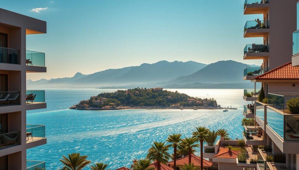 An opulent seaside resort nestled along the stunning Turquoise Coast, Alanya's sea view apartments offer a captivating blend of modern luxury and Mediterranean charm. In the foreground, sleek, contemporary buildings with balconies that gaze out over the shimmering azure waters of the Aegean Sea. In the middle ground, palm trees sway gently in the warm coastal breeze, complementing the terracotta-roofed villas that dot the landscape. In the distance, the rugged Taurus Mountains rise majestically, their peaks kissed by the golden glow of the setting sun, creating a breathtaking backdrop for this idyllic coastal living. The scene is bathed in a soft, golden light, evoking a sense of tranquility and relaxation, perfectly capturing the essence of Alanya's coveted sea view properties.