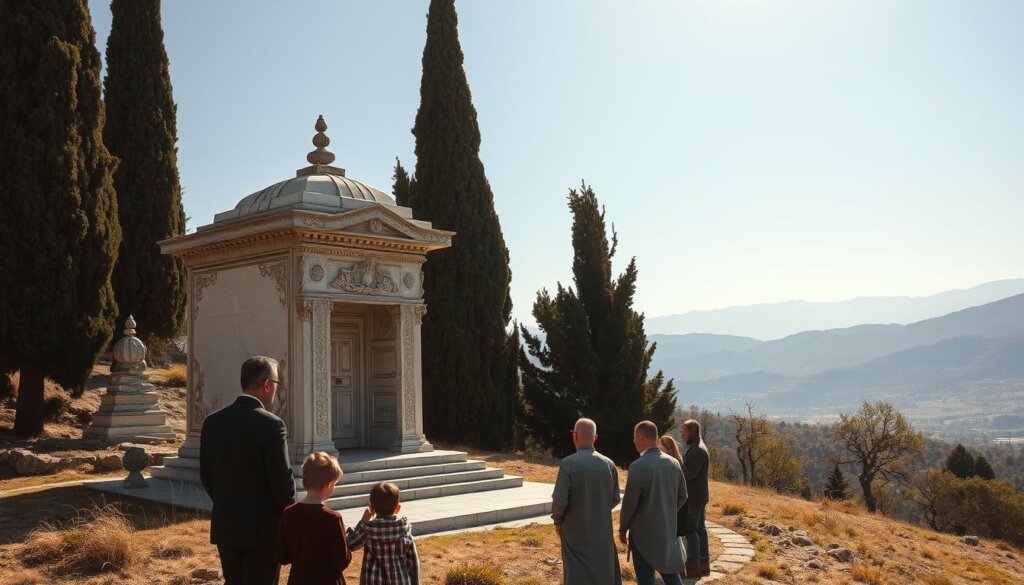 An ornate marble tomb standing solemnly in a sunlit Turkish hillside, adorned with intricate carvings and flanked by towering cypress trees. In the foreground, a family gathers to pay their respects, their expressions somber yet dignified as they navigate the complexities of inheritance law. The scene is bathed in warm, golden light, creating a sense of reverence and contemplation. The landscape beyond suggests the grandeur of the region, with distant mountains and a cloudless azure sky. The image conveys the weight and significance of passing on one's legacy in this unique cultural context.