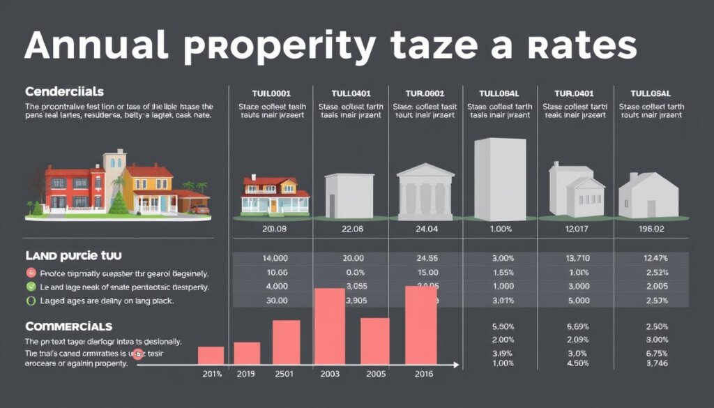 Annual property tax rates comparison in Belek, Turkey, showcasing residential, commercial, and land properties. A detailed infographic with distinct sections, clear data visualization, and a professional, informative aesthetic. Rendered in a realistic, high-quality 3D style with natural lighting and a subtle, neutral color palette to complement the article's tone. The composition balances clarity of information with visual interest, guiding the viewer's eye through the key data points.