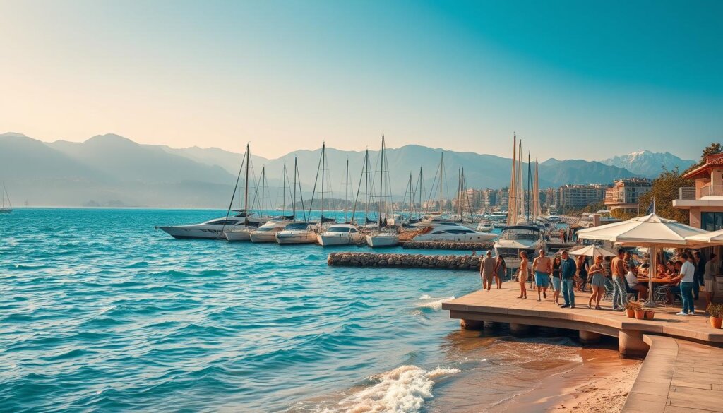 Antalya lifestyle amenities: a vibrant coastal paradise. A sun-drenched beach scene with clear turquoise waters lapping against the shore. In the foreground, people strolling along the promenade, enjoying the gentle Mediterranean breeze. Nearby, a bustling outdoor cafe with locals and tourists sipping on refreshing drinks and savoring local cuisine. In the middle ground, a modern marina with sleek yachts and sailboats anchored, their masts swaying gently. In the background, the majestic Taurus Mountains rise up, their peaks capped with snow, creating a picturesque backdrop. Warm, golden lighting bathes the entire scene, capturing the laidback, yet energetic atmosphere of this thriving coastal city.