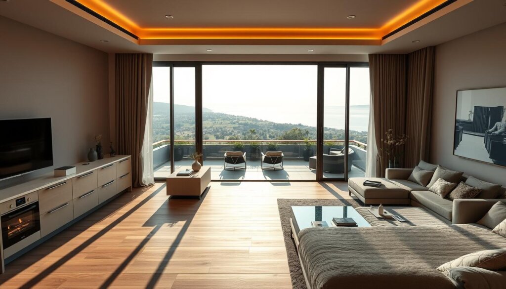 Apartment layouts in Belek, Turkey, showcasing a variety of modern and well-designed floor plans. A wide-angle lens captures the spacious open-concept living rooms, with large windows flooding the interiors with warm, natural light. Sleek, minimalist kitchens with contemporary appliances are seamlessly integrated into the living areas. The bedrooms feature plush, cozy furnishings and ample storage. Outdoor terraces or balconies offer breathtaking views of the surrounding landscapes, including lush greenery and the distant Mediterranean Sea. The overall atmosphere conveys a sense of comfort, sophistication, and the quintessential Turkish coastal living experience.