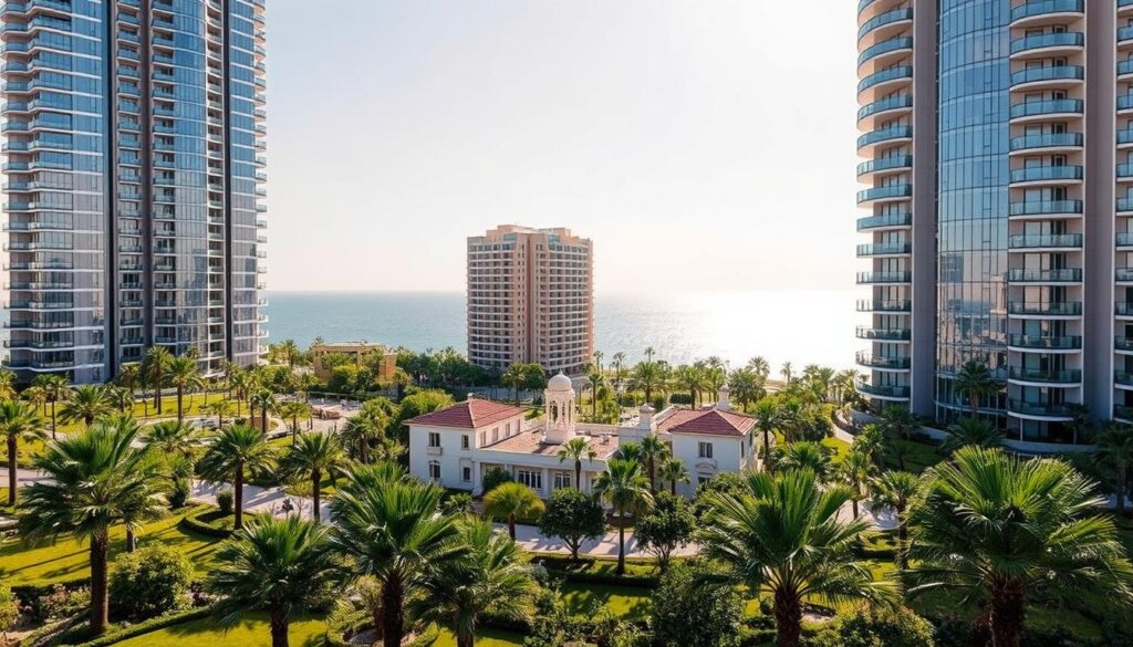 Apartments for sale in Mersin, a vibrant coastal city in Turkey. Sprawling high-rise buildings stand tall, their sleek glass facades reflecting the warm Mediterranean sun. In the foreground, well-manicured gardens and lush palm trees create a serene atmosphere. The middle ground showcases a variety of apartment styles, from modern, open-concept layouts to traditional Ottoman-inspired designs. In the background, the sparkling blue waters of the Mediterranean Sea stretch out, hinting at the city's picturesque seaside location. The overall scene exudes a sense of luxury, comfort, and the allure of coastal living, inviting potential homebuyers to imagine their ideal living space in this desirable destination.