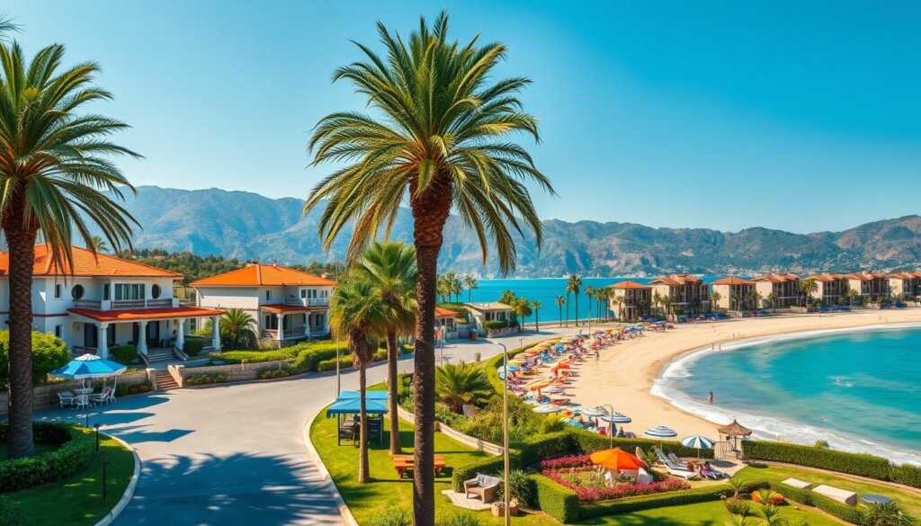 Beachfront homes nestled along the sun-drenched shores of Alanya, Turkey. Vibrant Mediterranean architecture adorns the scene, with terracotta roofs, whitewashed walls, and intricate balconies overlooking the glistening turquoise waters. Palm trees sway gently in the warm breeze, framing the idyllic coastal landscape. In the foreground, a paved promenade leads visitors towards the pristine sandy beach, where beachgoers lounge under colorful umbrellas. The mid-ground showcases lush greenery and verdant gardens, while the background is dominated by the majestic Taurus Mountains, casting a serene, mountainous backdrop. The overall atmosphere exudes a sense of tranquility, inviting viewers to imagine the ultimate in beachfront living.