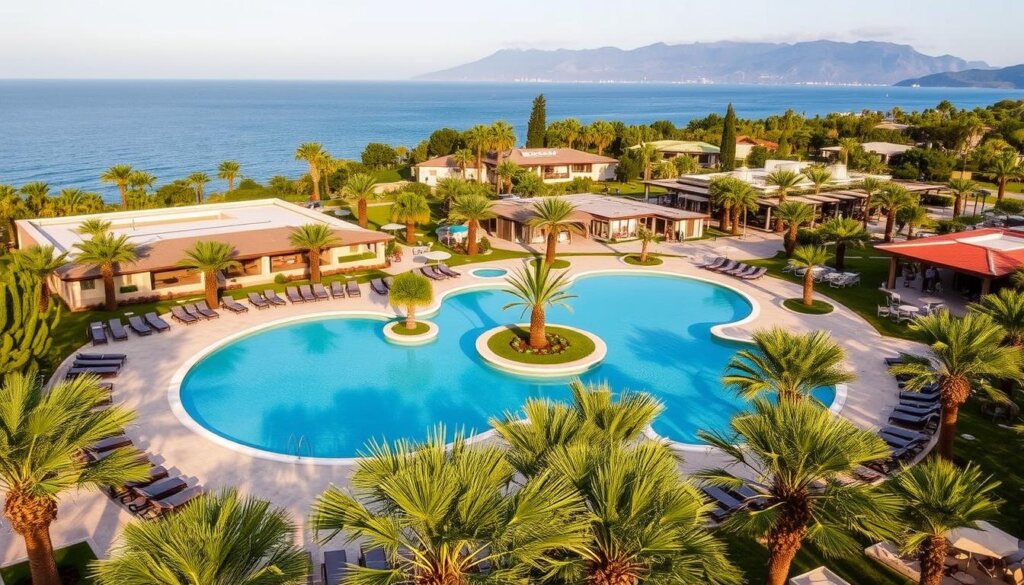 Belek lifestyle amenities: A picturesque resort town in Turkey, with a lush, tropical ambiance. In the foreground, a sprawling outdoor pool is surrounded by plush lounge chairs and swaying palm trees, inviting guests to bask in the warm Mediterranean sunshine. In the middle ground, a modern fitness center and spa offer the latest wellness amenities, while a cluster of upscale restaurants and cafes beckon with the aromas of local cuisine. In the background, the shimmering turquoise waters of the Belek coastline stretch out, framed by the verdant landscapes of the Taurus Mountains. The scene exudes a sense of luxury, relaxation, and the quintessential Belek lifestyle.