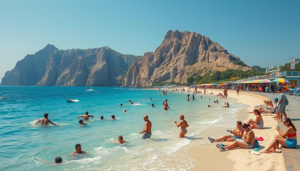 Coastline activities Alanya: A sun-drenched seaside scene with beachgoers enjoying a variety of leisure pursuits. In the foreground, families frolic in the turquoise waters, splashing and playing. Lifeguards keep watchful eyes, ensuring safety. Further back, tourists recline on pristine sand, sipping refreshing drinks and reading. Colorful parasols dot the landscape, providing welcomed shade. In the middle ground, vendors hawk local wares and delicacies, tempting passersby. Towering cliffs rise in the background, their rugged beauty a striking contrast to the lively coastal activities. Warm, golden light bathes the entire scene, evoking a sense of relaxation and escapism. A well-equipped promenade with modern amenities stretches along the shoreline, catering to the needs of all visitors.