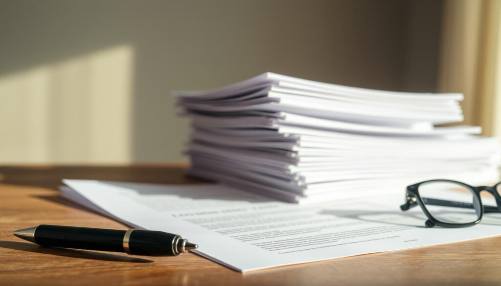Crisp, neatly stacked legal documents depicting a property purchase contract in Turkey. The papers are illuminated by soft, natural lighting, exuding a sense of formality and professionalism. In the foreground, a wooden desk or table provides a sturdy surface, with a pen and reading glasses nearby, suggesting an active transaction in progress. The background features a muted, neutral palette, allowing the documents to take center stage and convey the gravity of the legal process involved in acquiring property in the country. The overall composition strikes a balance between the tangible, physical aspects of the transaction and the intangible, bureaucratic nature of the legal requirements.