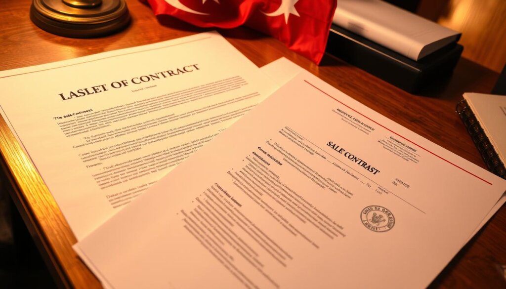 Detailed legal documents for a property sale in Turkey, neatly arranged on a wooden desk. The papers include a sales contract, deed of ownership, and official stamps and seals. Warm, golden lighting casts a professional atmosphere, with a Turkish flag visible in the background, symbolizing the national context. The layout is clean and organized, conveying a sense of legal formality and administrative rigor involved in a property transaction. The overall scene suggests the official, meticulous process of navigating the legal and tax essentials when selling a property in Turkey.
