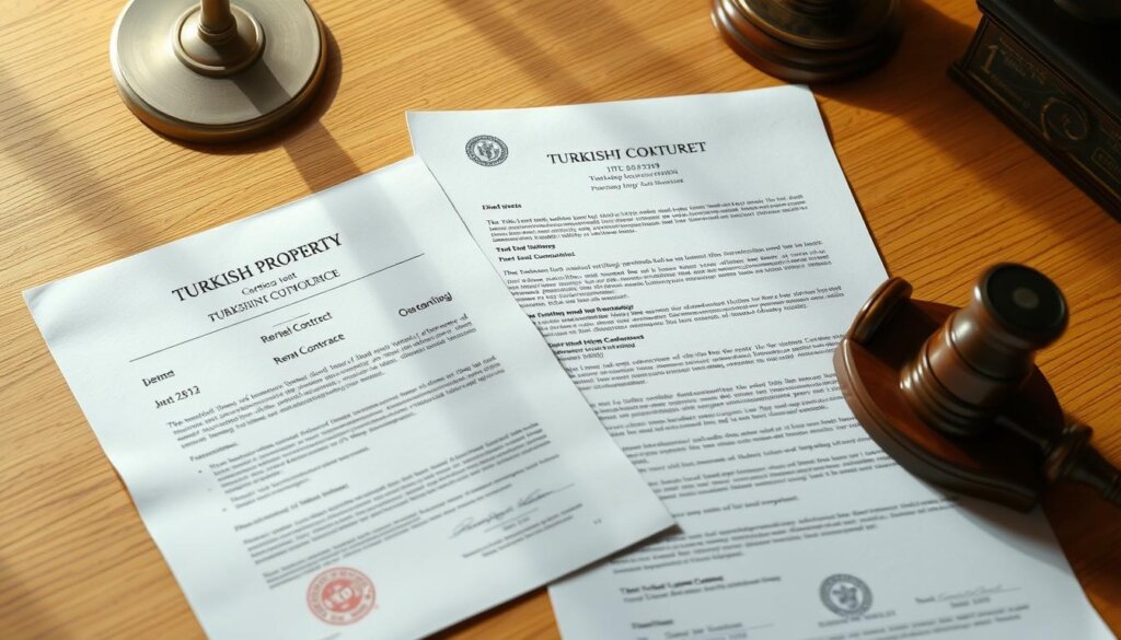 Detailed official-looking Turkish property legal documents, including a title deed, rental contract, and other official stamps and seals, arranged on a clean wooden desk with a warm, professional ambiance. Soft, directional lighting illuminates the documents, creating subtle shadows and highlights. The documents are positioned neatly, conveying a sense of organization and attention to detail. The overall scene evokes a sense of legal authority and credibility, suitable for illustrating the "Legal Considerations for UK Investors" section of the article.