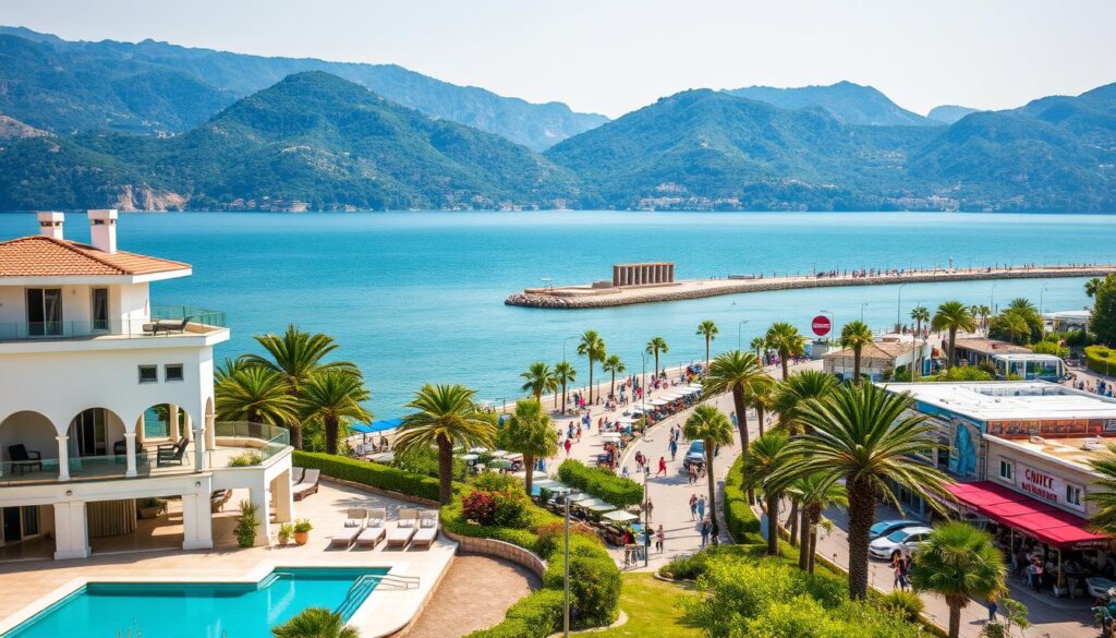 Fethiye, a picturesque Turkish coastal town, nestled between the turquoise waters of the Mediterranean and the verdant slopes of the Taurus Mountains. In the foreground, a luxurious villa with a private pool and terraced gardens, its clean lines and neutral palette blending seamlessly with the surrounding natural beauty. Middle-ground features a vibrant promenade lined with palm trees, outdoor cafes, and boutique shops, bustling with locals and vacationers alike. The background showcases the dramatic silhouette of the Lycian rock tombs, a testament to the region's rich history. Soft, warm lighting bathes the scene, creating an inviting, tranquil atmosphere that captures the essence of Fethiye's idyllic lifestyle and investment potential.