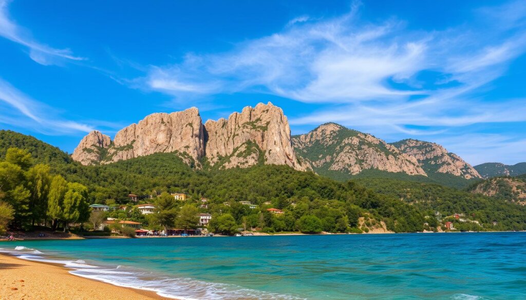 Fethiye, a picturesque town nestled along the turquoise waters of the Mediterranean Sea. In the foreground, a secluded beach with fine golden sand and gently lapping waves. Dramatic limestone cliffs rise up in the middle distance, their rugged peaks bathed in warm, golden sunlight. The background is filled with lush, verdant pine forests, their canopy casting gentle shadows across the landscape. The sky is a breathtaking azure, with wispy clouds drifting overhead, creating a sense of tranquility and peace. The entire scene exudes an air of natural beauty and the alluring charm of the Mediterranean climate.