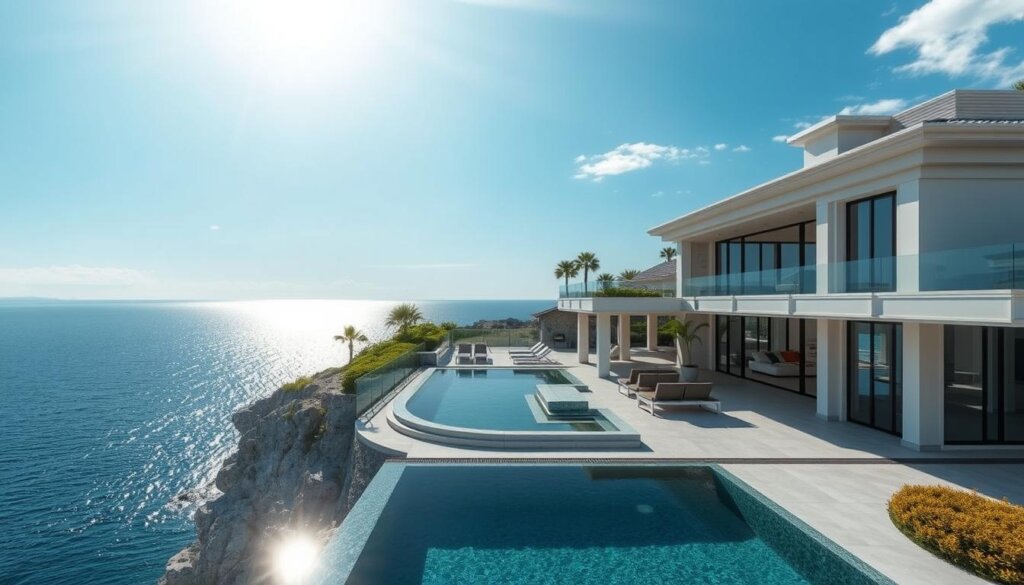 Generate an image of a luxurious villa in Mersin with a sea view