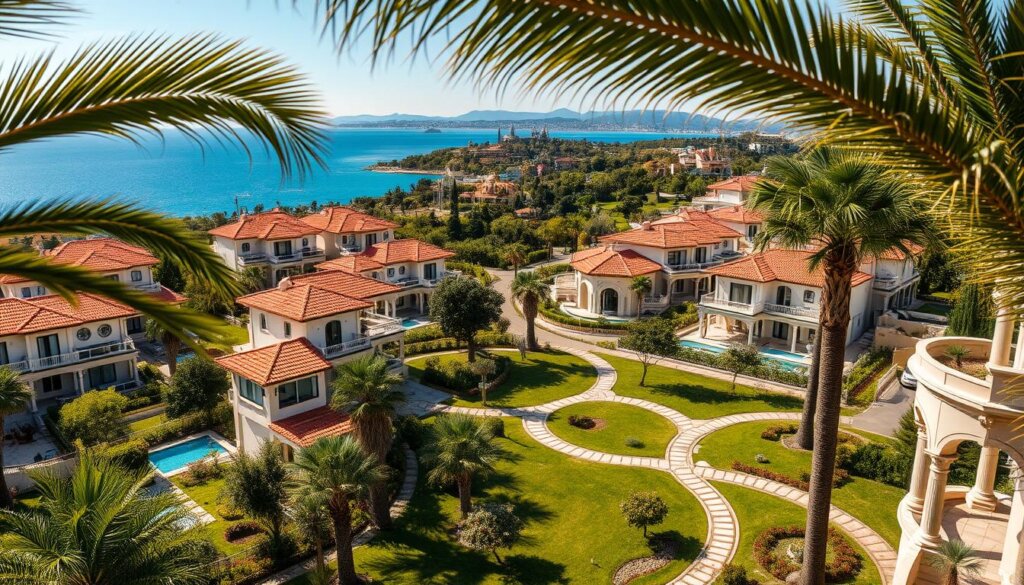 High-end villas nestled amidst lush Mediterranean landscaping, with terracotta-tiled roofs and balconies overlooking the sparkling turquoise waters of the Alanya coastline. Sunlight filters through swaying palm trees, casting a warm, inviting glow across the serene, well-manicured gardens. Elegant architectural details, such as archways and columns, lend an air of timeless sophistication. In the foreground, a collection of meticulously designed villas, each offering spacious living areas, private pools, and panoramic sea views. In the middle ground, winding paths and tidy pathways lead visitors through the idyllic community. The background features the iconic Alanya Castle and the distant Taurus Mountains, creating a picturesque and desirable setting for prospective buyers.