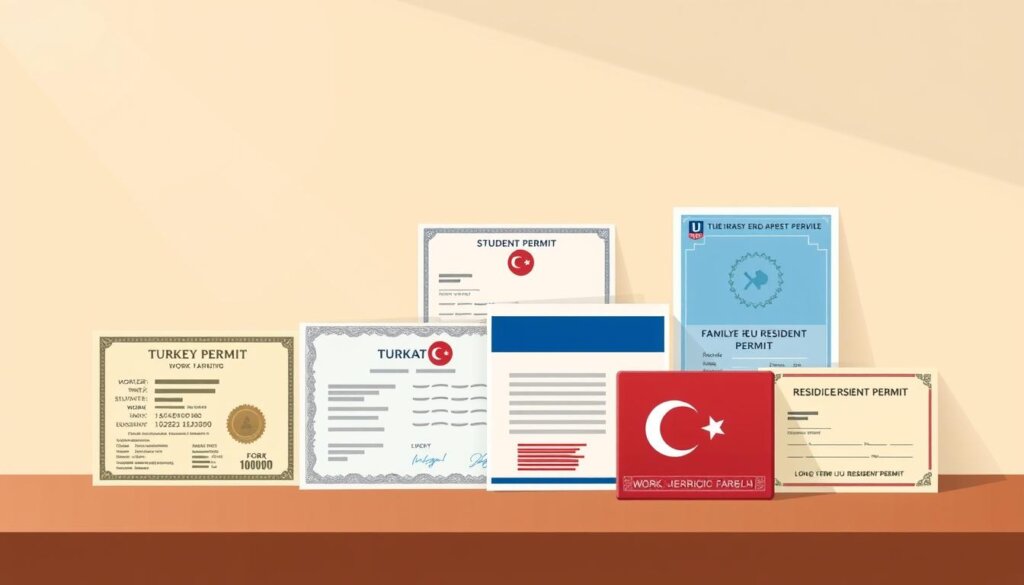 High-quality digital illustration of various residence permits in Turkey, including work permit, student permit, family reunion permit, and long-term EU resident permit, displayed in a visually engaging layout. The permits are depicted with realistic textures, intricate details, and a cohesive color palette. The composition features the permits arranged in an organized, eye-catching manner, set against a clean, minimalist background that allows the documents to be the focal point. Warm, neutral lighting illuminates the scene, creating depth and a sense of professionalism. The overall aesthetic is modern, informative, and tailored to complement the article's "Types of Residence Permits in Turkey" section.
