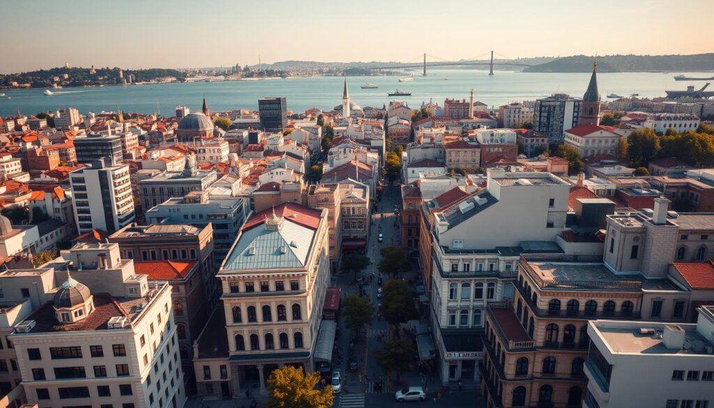 High-resolution aerial view of a bustling Istanbul neighborhood, showcasing the diverse architecture and vibrant urban landscape of the city. The foreground features a mix of modern skyscrapers, historic Ottoman-era buildings, and well-maintained residential complexes. The middle ground depicts lively streets lined with shops, cafes, and pedestrians, capturing the dynamic energy of the city. The background is dominated by the iconic silhouette of the Bosphorus Strait, with the distant shores of the European and Asian continents visible. The scene is illuminated by warm, golden sunlight, creating a serene and inviting atmosphere that evokes Istanbul's reputation as a premier investment destination.