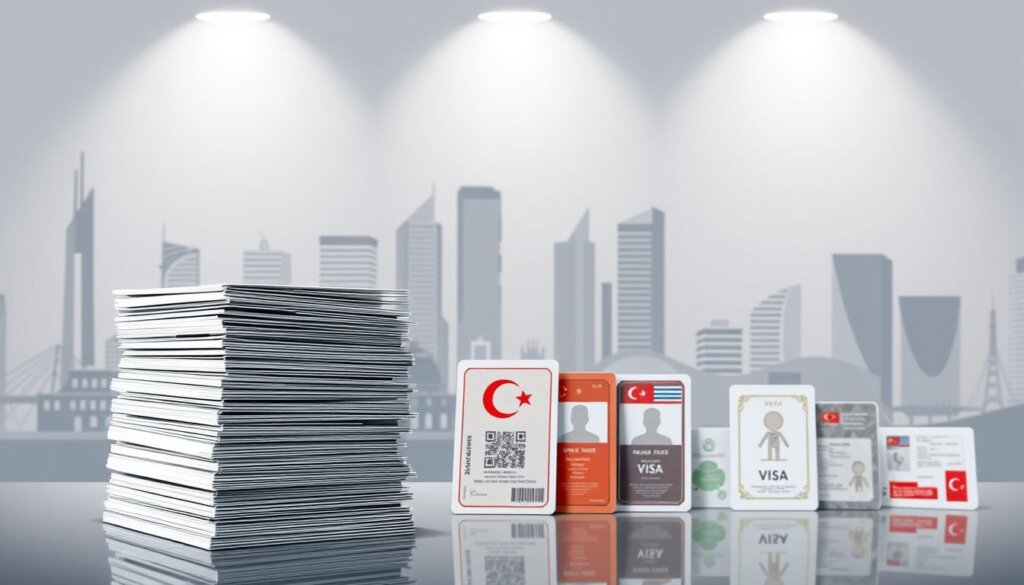 High-resolution illustration of various Turkish residence permit types, showcasing the diversity of options available for individuals seeking to reside in Turkey. The foreground features a central stack of official-looking documents, with several permit cards or certificates displayed prominently. The middle ground includes symbolic icons or illustrations representing the different permit categories, such as work, student, or family visas. The background depicts a sophisticated, modern cityscape with architectural elements that convey the cosmopolitan nature of Turkey. The lighting is crisp and evenly distributed, creating a sense of authority and professionalism. The overall composition and color palette aim to convey the comprehensive and authoritative nature of the subject matter.