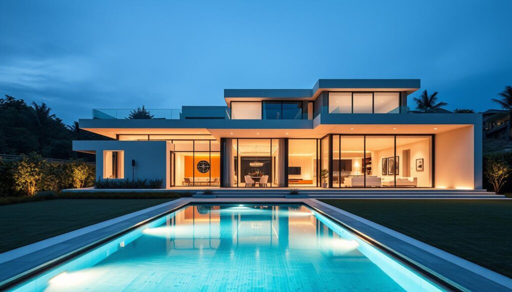 High-tech smart home villa with sleek, modern architecture and lush, well-manicured exterior. The villa is situated in a beautifully landscaped garden, with a pristine, azure swimming pool in the foreground. Dramatic lighting illuminates the villa's clean lines and glass walls, creating a warm, inviting atmosphere. The interior is filled with cutting-edge home automation systems, including voice-controlled smart lighting, climate control, and security features. The villa's elegant, minimalist design seamlessly integrates the latest smart home technologies, showcasing the pinnacle of innovative, luxury living.