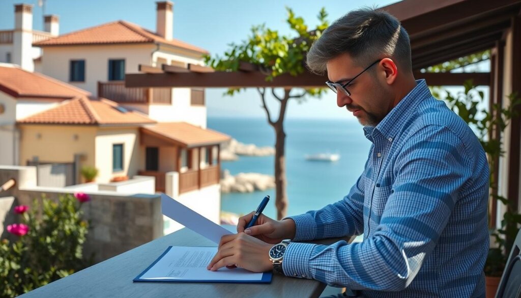 Image of a UK citizen signing a property purchase agreement in Mersin, Turkey
