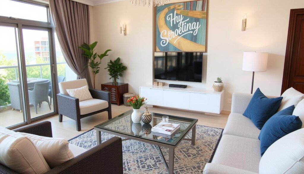 Image of a furnished apartment in Cleopatra, Antalya, with a caption: Luxury 2+1 apartment for rent near Cleopatra Beach